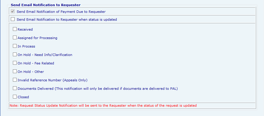 Email notification options for request status updates and payment alerts are displayed.